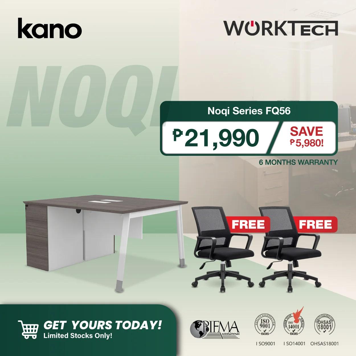 Kano Two-seater Workstation with Lock FQ56 with FREE 2 WorkTech Staff Chair